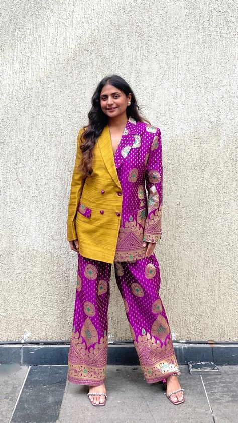 Banarasi Coord Set, Silk Coord Sets, Purple And Mustard, Silk Pant Suit, Recycled Dress, Silk Pant, Silk Blazer, Womens Trendy Dresses, Casual Indian Fashion