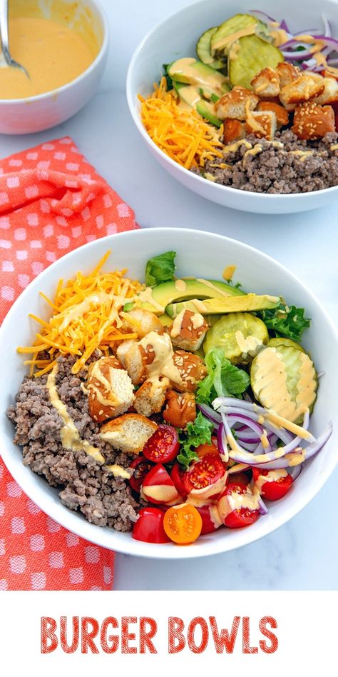 Burger Bowls Meal Bowls, Burger Bowl, Burger Bowls, Burger Bun, Burger Toppings, Types Of Desserts, Pickle Butter, Romaine Lettuce Salad, Onion Relish