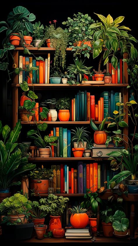 Plants And Books, Shelves, Plants, Books, Black