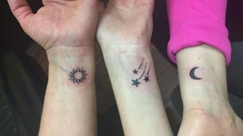 Mother daughter tattoos- sun moon and stars                                                                                                                                                                                 More Mother Two Daughter Tattoos, Sun Moon And Stars Tattoo Best Friends, Mother Daughter Tattoos For 3, Tattoo Sister, Tattoo Sonne, Tattoo Sun, Mom Daughter Tattoos, Mother Daughters, Daughter Tattoo