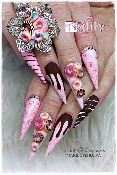 Acrylic nails & Gel design ♡ Donuts nails Extreme Nails, Artistic Nails, Classy Nail Art Ideas, New Years Nails, Fingernail Art, Crazy Nail Art, New Years Eve Nails, Punk Nails, Vibrant Nails