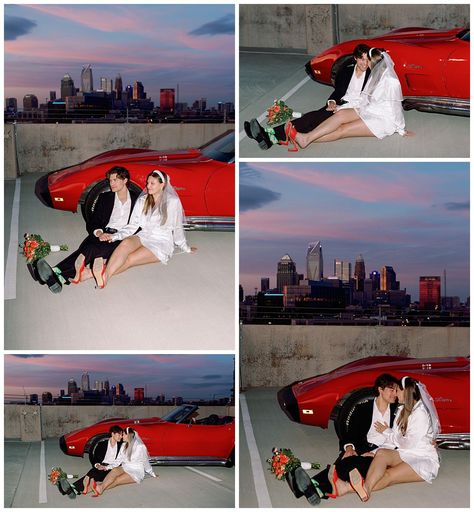 A photoshoot of a bride-to-be with her groom-to-be and a killer sports car? As a Charlotte engagement photographer, sign me up! Check out their full shoot for city session inspo. Race Track Wedding Photos, Car Themed Engagement Photos, Sports Car Engagement Photos, Car Engagement Photos, Themed Engagement Photos, Prenup Ideas, Rooftop Engagement, Red Sports Car, Pre Wedding Shoot Ideas