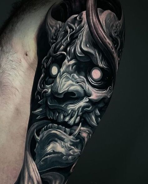 Neo Japanese Tattoo Designs, Neo Japanese Tattoo, Hannya Maske Tattoo, Arm Tattoos Japanese, Hannya Maske, Neo Japanese, Dragon Tattoo Sketch, Skull Sleeve Tattoos, Scary Tattoos