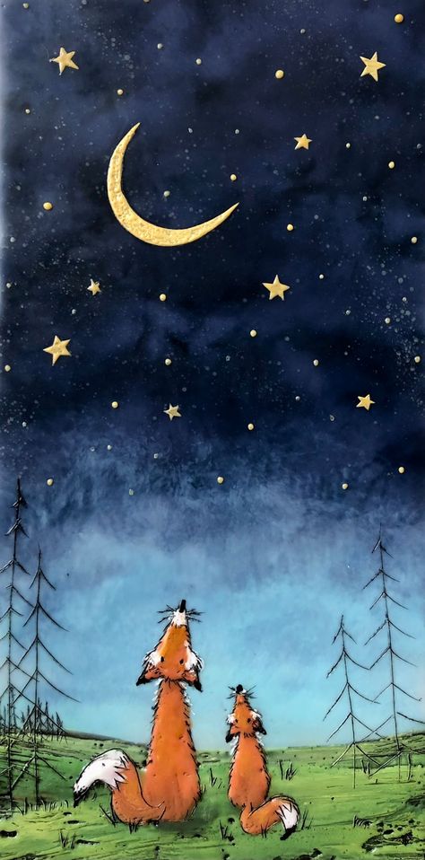 Looking At Stars Illustration, Night Sky With Stars And Moon, Sky With Stars Drawing, The Night Sky Painting, Invermere Bc, Moon And Stars Wallpaper, Summer Drawings, Fox Family, Birch Tree Painting