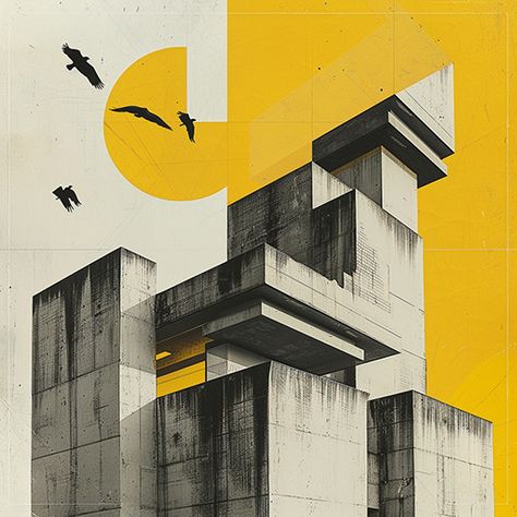 Abstract composition featuring modern architectural structures with bird silhouettes and a bright yellow backdrop. Combines geometric shapes and urban design elements. Architecture Collage Concept, Composition Pictures, Texture Collage, Modern Architecture Photography, Collage Architecture, Baby Abstract Art, Bird Silhouettes, College Inspiration, Yellow Backdrop