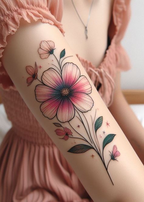 Birth Flower Tattoo Bliss: Stunning Designs | Pocoko American Traditional Cosmos Flower Tattoo, Violet And Cosmos Flower Tattoo, Cosmo Flower Tattoo Color, October Flower Tattoo Cosmos, Colour Flower Tattoo, October Birth Flower Tattoo Cosmos, Cosmo Tattoo, Cosmo Flower Tattoo, October Birth Flower Tattoo