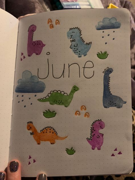 Dinosaur Bullet Journal, June Journal Ideas, June Bullet Journal Cover, June Journal, Journal June, School Book Covers, Bullet Journal 2019, Bullet Journal Paper, Bulletin Journal Ideas