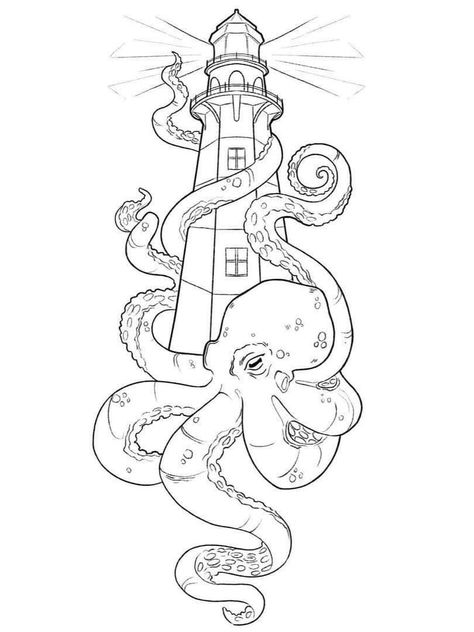 Kraken Outline, Kraken Lighthouse, Neotraditional Tattoo Flash Sheet, Octopus Tattoo Stencil, Ofmd Tattoo, Kraken Tattoo Design, Octopus Stencil, Strand Tattoo, Underwater Tattoo