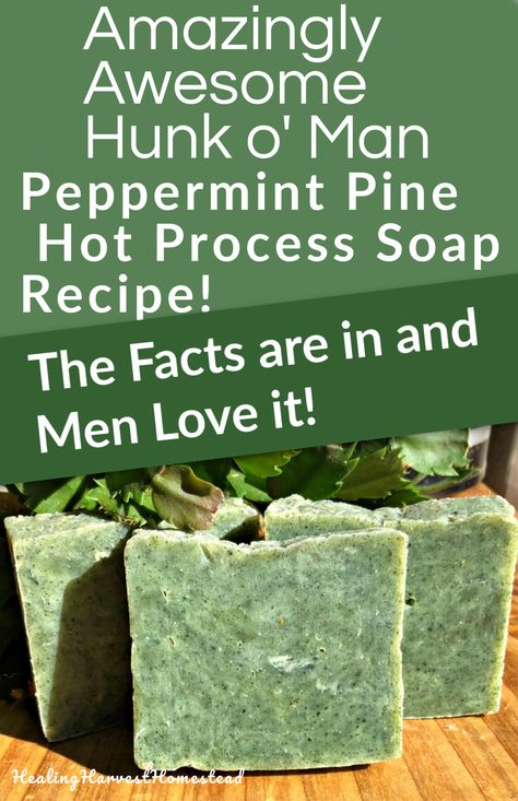 This lovely green soap recipe is moisturizing, conditioning, and cleansing at the same time. It’s the BEST recipe! It lathers well, and best of all…it’s quite a hard bar, so it will last longer. Scented with pine and peppermint essential oils, it’s a real winner! #soapmaking #recipes #forbeginners #natural #withessentialoils #crockpot #hotprocess #vegan #healingharvesthomestead #handmade #sheabutter #mangift Vegan Soap Recipe, Homemade Scents, Hot Process Soap, Natural Soaps Recipes, Heath Tips, Easy Soap Recipes, Homemade Spa, Bars Of Soap, Diy Soaps