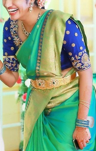 Different Shades of Blue Blouse Designs for Women with Royal Look Green And Blue Saree Blouse Designs, South Indian Wedding Sarees Color Combinations, Blue Colour Blouse Designs, Green Saree Contrast Blouse, Bridal Saree Blouse, Bride Kerala, Kannada Bride, भारतीय दुल्हन संबंधी, Telugu Bride