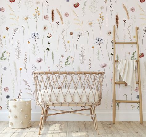 Painted Wildflower Pressed Meadow Flowers Peel and Stick or Traditional Wallpaper Wall Mural Blush Nursery Neutral - Etsy UK Wildflower Nursery Wallpaper, Flower Mural Nursery, Wild Flower Baby Nursery, Wildflower Nursery Decor, Wild Flower Nursery Theme, Flower Nursery Theme, Wildflower Nursery Theme, Outdoor Wall Mural, Wild Flower Nursery