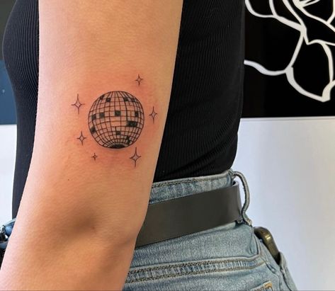 Mirrorball Tattoo Placement, Disco Saturn Tattoo, Disco Ball Tattoo Placement, Disco Ball Globe Tattoo, Heart Disco Ball Tattoo, Traditional Disco Ball Tattoo, Glitterball Tattoo, Small Disco Ball Tattoo, Disco Tattoo Ideas