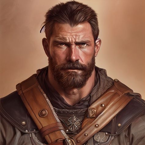 Fantasy Peasant Male, Baldurs Gate Portraits, Lumberjack Character Design, Human Fighter Dnd Male, Medieval Character Design Male, Medieval Character Art, Character Design Inspiration Male, Town Guard, Bearded Characters