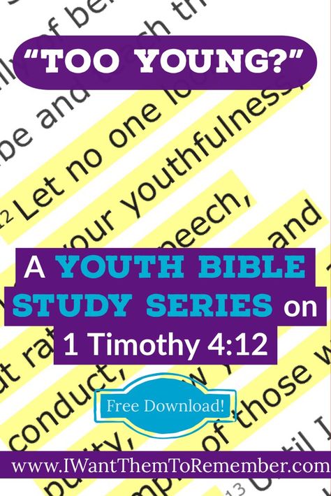 Teenagers are not too young to fill vital church roles & make a difference for Christ. 1 Timothy 4:12 calls them to be examples for other believers in 5 areas. This Bible Study Series examines each area and encourages youth to live for Christ. Free download! Teen Sunday School Lessons, Youth Bible Study Lessons, Youth Devotions, Youth Sermons, Teen Bible Lessons, Youth Ministry Lessons, Youth Sunday School Lessons, Youth Bible Lessons, Girl Bible Study