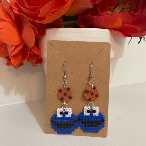 Perler Bead Cookie Monster Earrings Blue, White, Black And Brown New Handmade 2” Inches Perler Beads Bundle To Save Don’t Be Afraid To Send Offers :) Micro Perler Bead Patterns, Melty Beads Earrings, Freddy Krueger Perler Beads, Perler Bead Earring Patterns, Mini Perler Bead Earrings, Fuse Beads Earrings, Peeler Earrings, Perler Bead Earrings Patterns, Small Hama Bead Designs