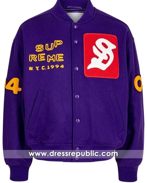 Supreme Tourist Purple Varsity Jacket - DRL2520 #varsityjacket #supremebounty #jacket #varsity #black https://www.dressrepublic.com/shop/supreme-tourist-purple-varsity-jacket-drl2520/ Purple Varsity Jacket, Supreme Clothing, Racing Hoodie, Leather Varsity Jackets, Versace Outfit, City Dress, Clothing Websites, Summer Beach Wear, Band Collar