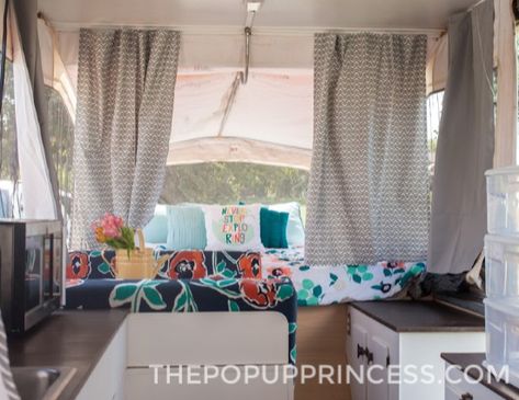 Dani's Pop Up Camper Makeover - The Pop Up Princess Pop Up Camper Outside Paint, Pop Up Awning, Pop Up Camper Cabinet Paint, Pop Up Camper Repair, Pop Up Camper Roof Repair, Winterizing Your Pop Up Camper, Two Shower Curtains, Tent Trailer Remodel, Mold And Mildew Remover