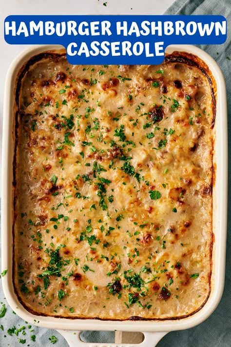 This hamburger casserole with hashbrowns has it all. Savory ground beef in a delicious cream sauce, with tons of melted cheese and crispy hashbrowns! Beef Hashbrown Casserole Recipes, Hamburger Hash Brown Casserole, Hamburger Hashbrown Casserole, Hamburger Hashbrown, Casserole With Hashbrowns, Easy Delicious Casseroles, Hamburger Hash, Hashbrown Casserole Recipe, Meat Casserole