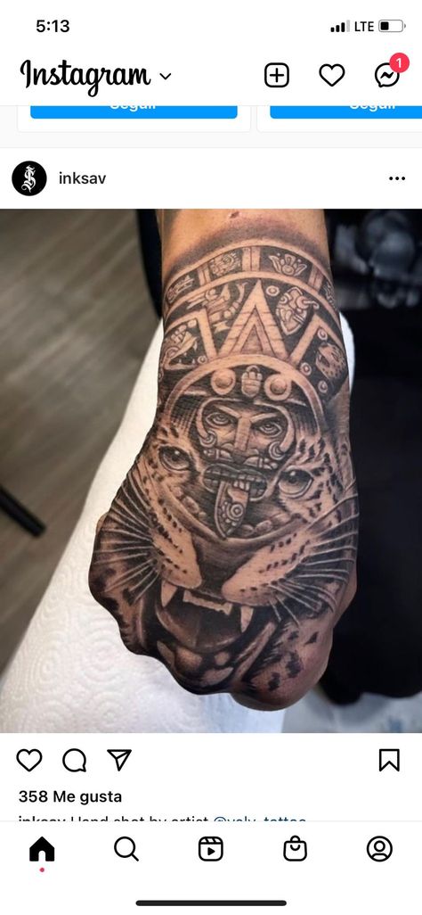 Mayans Tattoo Design, Mexico Hand Tattoo, Mexican Animal Tattoo, Mayan Hand Tattoo, Aztec Culture Tattoo, Aztec Drawing Tattoo, Mexico Themed Tattoo, Aztec Lion Tattoo, Jaguar Hand Tattoo