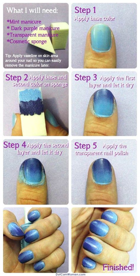 Shades of Blue Diy Ombre Nails Tutorial, Ombre Nails Diy, Ombre Nail Diy, Sponge Nail Art, Diy Balayage, Ombre Nails Tutorial, Purple Manicure, Sponge Nails, Nails Ombre