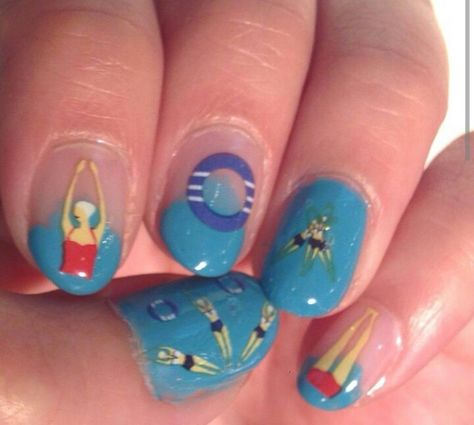 Swim Nails Designs, Swimming Pool Nail Art, Swimmer Nails, Lifeguard Nails, Swimming Pool Nails, Swimming Nails, Swim Nails, Pool Nail Art, Pool Party Nails