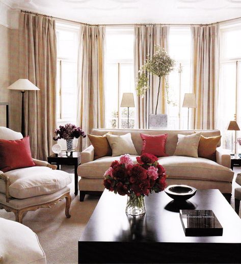 Pink Accents in Living Room Curtains Living Room Modern, Window Treatments Living Room, Beige Living Rooms, Living Room Red, Living Room Windows, Elegant Living Room, A Living Room, Curtains Living Room, Room Colors