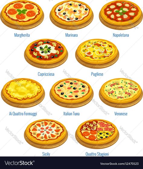 Pizza Types, Pizzeria Menu, Italian Tuna, Pizza Icon, Types Of Pizza, Cute Food Drawings, Game Food, Kawaii Food, Mini Foods