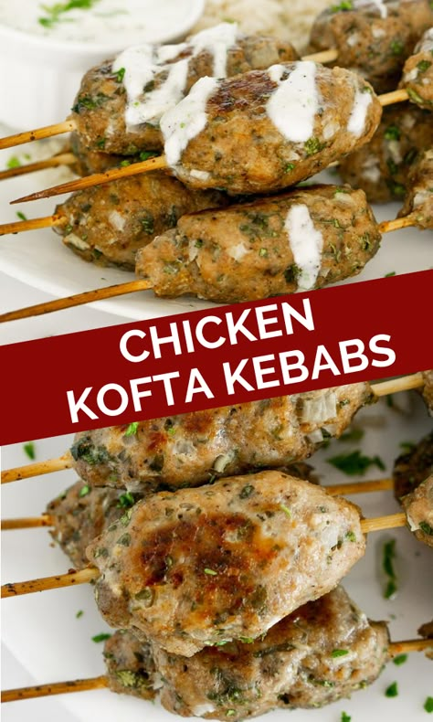 Lebanese Meatballs Recipes, Middle Eastern Kebab Recipes, Chicken Kefta Kabobs, Chicken Kafta Kabob, Ground Chicken Kofta, Kofta Recipe Chicken, Chicken Kofta Kebab, Mediterranean Ground Chicken Recipes, Mince Chicken Recipes