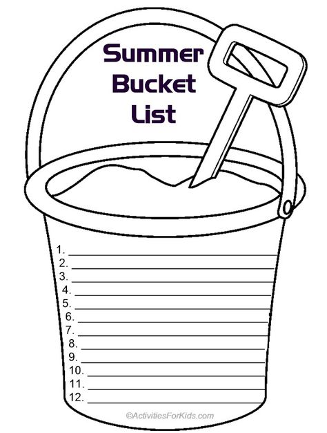 Summer Bucket List for Kids - write about what they would like to do during their #summervacation from ActivitiesForKids.com Bucket List Activity, Summer Bucket List Worksheet, Summer Bucket List Craft For Kids, Summer Bucket List For Kids Printable, Kids Summer Bucket List Free Printable, Summer Bucket List Kids Printable, Summer Writing Activities For Kids, Summer Bucket List Craft, Summer Bucket List Activity