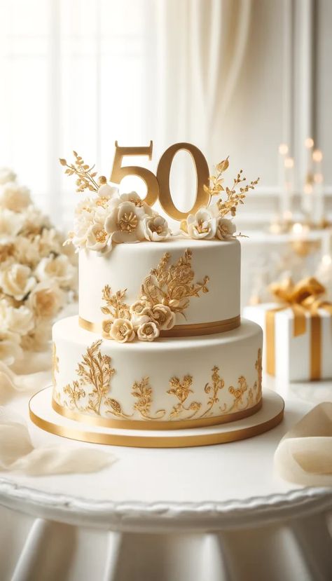 Cake Designs Wedding Anniversary, 50th Golden Wedding Anniversary Ideas, 50 Anniversary Cake Ideas, Gold Two Tier Cake, White And Golden Cake, Anniversary Cake 50th, 50th Wedding Anniversary Cakes Gold, 50th Anniversary Cake Ideas, Gold Cake Design Birthday