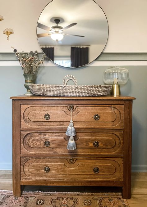 Antique Dresser With New Knobs, Antique Dresser Knobs, Boho Vintage Dresser, Wooden Dresser Vintage, Vintage Dresser Knobs, Vintage Dresser Nursery, Styling A Dresser, How To Style A Dresser, Painted Antique Dresser