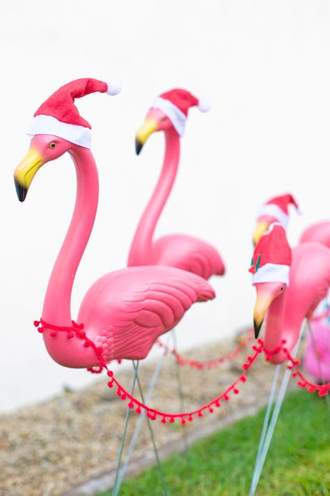 DIY Lawn Flamingo Sleigh Flamingo Christmas Decorations, Tropical Christmas Decorations, Christmas In July Decorations, Lawn Flamingos, Christmas Lawn Decorations, Diy Lawn, Florida Christmas, Hawaiian Christmas, Beachy Christmas