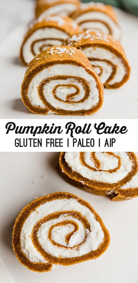 This paleo pumpkin roll cake is the perfect pumpkin dessert! It's much easier to make than it looks, and it's also AIP compliant. Paleo Pumpkin Roll, Gluten Free Pumpkin Roll, Pumpkin Roll Cake, Cake With Coconut, Aip Desserts, Paleo Baking, Paleo Pumpkin, Paleo Sweets, Pumpkin Roll