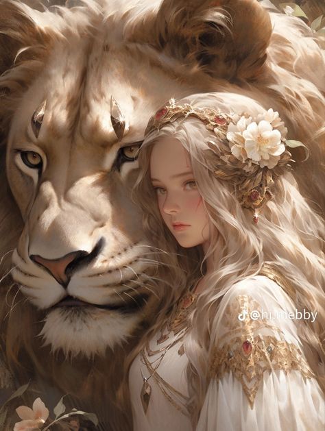 African Lion Ai, a silvery blonde haired female with hair down, centered in a side profile looking at the viewer. Wearing a flower crown well also wearing a white dress with some jewlery. A lion standing next to her. Silvery Blonde, Lion Standing, Lions Art, Zodiac Leo Art, Zodiak Leo, Female Lion, Lion Photography, Fantasy Wall Art, Flowers In Her Hair