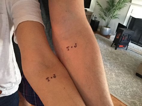 Matching tattoos. His and her. Couple tattoos. Godly Couple Tattoos, Simple Husband And Wife Tattoos, Husband And Wife Initial Tattoos, Tattoo Ideas For Husband And Wife, Initial Tattoo For Men, Simple Couple Tattoos Marriage, Wifes Name Tattoo Ideas For Men, Tattoos For Wife, Matching Tattoos With Husband