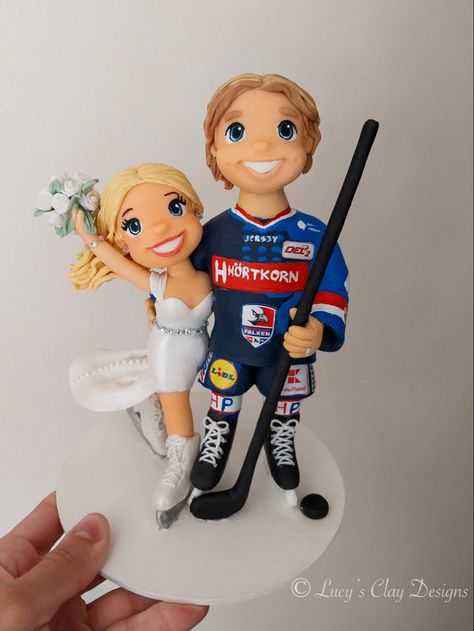 Custom wedding cake topper personalized out of clay Skater Wedding, Hockey Wedding, Anna From Frozen, Clay Designs, Sports Wedding, Ice Hockey Players, Disney On Ice, Hockey Player, Clay Design