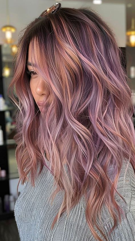 Lavender And Rose Gold Hair, Balayage Hair With Purple, Rose Gold Purple Hair, Light Brown Hair With Vivid Color, Copper And Lavender Hair, Rose Pink Balayage, Brunette Lavender Hair, Lavender Brunette Hair, Purple And Rose Gold Hair