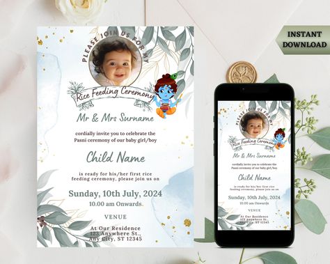 Rice Feeding Digital Invitation Card | Blue Watercolour weaning Ceremony Invite | Annaprasan Invitation Template | Printable DIY Invitation by SimplyStunningPrints on Etsy Weaning Ceremony, Ceremony Invitation Card, Digital Invitation Card, Free Invitation Cards, Ceremony Invitation, Diy Invitation, Baby Krishna, Invitations Diy, Invitation Card Design