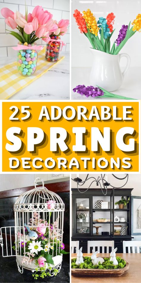 Looking for some fresh spring decor ideas to brighten up your home? Look no further! From DIY spring decorations to elegant Easter centerpieces and Easter wreaths, we've got you covered. Bring the outdoors in with a beautiful floral arrangement or a rustic spring mantel display. Decorate your spring front door with colorful spring wreaths. You can also create spring table settings with pastel colors and don't forget about spring porch decor. So check out all of these DIY Easter decorations. Decorations For Spring, Month Of May Decorating Ideas, After Easter Spring Decor, Diy Spring Centerpieces, Hanging Spring Decorations, Spring Themed Decorations, Springtime Decor, Outside Spring Decor, Indoor Spring Decor