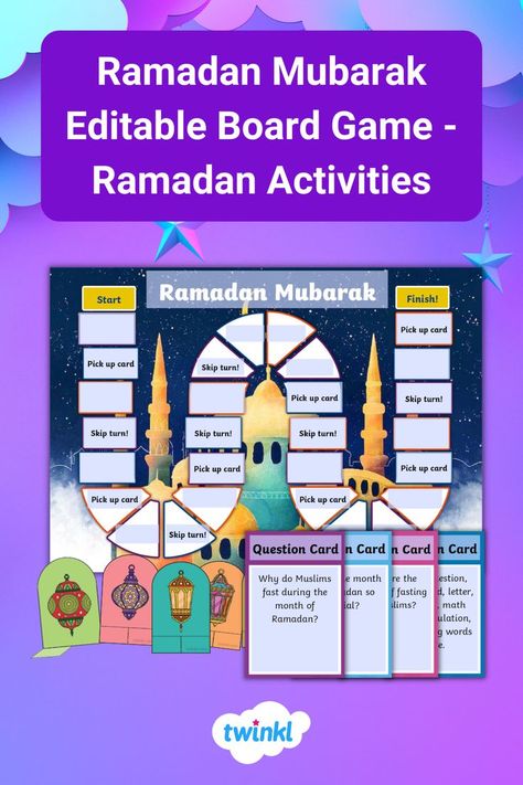 An editable Ramadan Mubarak Board Game with an editable activity board and question cards for you to write your own questions. The mosque theme and Islamic colours makes it a great Ramadan game for fun Ramadan activities! Ramadan Games For Kids, Ramadan Games, Ramadan Board, Eid Ideas, Children Games, Ramadan Cards, G Words, Islamic Kids Activities, Ramadan Kids