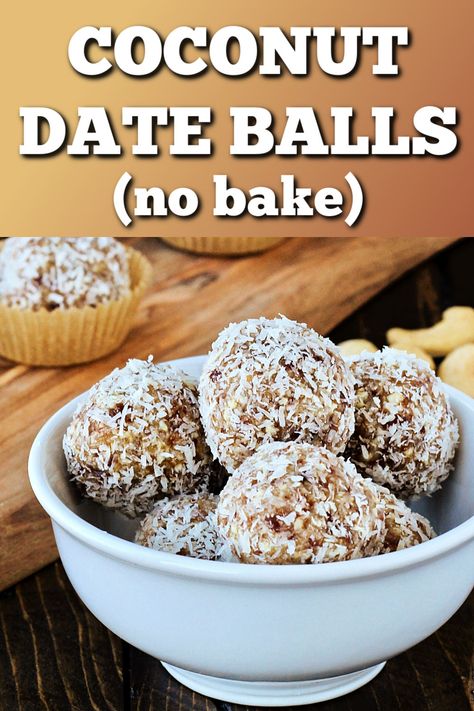 These Coconut Dates Balls are quick, easy, nutritious, and there's no baking involved!  Plus they're sweetened naturally and have no added sugar. No Bake Date Balls, Date Almond Energy Balls, Date Coconut Balls, Keto Balls, Coconut Dates, Health Balls, Date Coconut Energy Balls, Coconut Date Balls, Date Balls