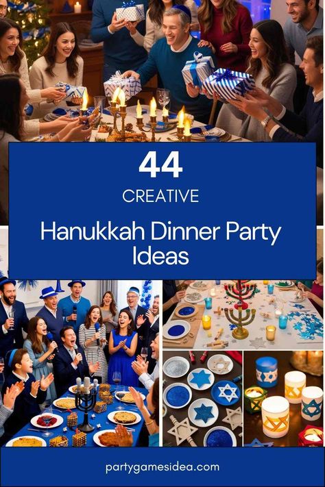 These Hanukkah dinner party ideas help to make your celebration special, from traditional meals to fun games and activities. Hanukkah Party Ideas For Adults, Hannukah Party Ideas, Hanukkah Tablescape, Chrismukkah Party, Hanukkah Party Ideas, Hannukah Party, Games Ideas For Adults, Hanukkah Diy, Party Games Ideas