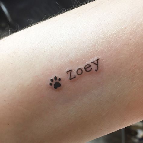 Matching Tattoos For Coworkers, Small Tattoos About My Dog, Dogs Tattoo Ideas For Women, Dogs Tattoo Small, Dog Birthday Tattoo, Dog Tribute Tattoo Small Lab, Animal Name Tattoos, Small Dog Memorial Tattoo Ideas, Dog Names Tattoo Ideas