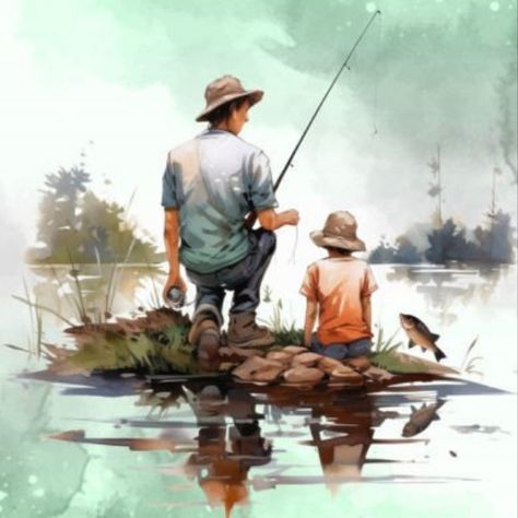 Father and Son Fishing Watercolor Art Fishing Watercolor Painting, Gone Fishing Painting, Fly Fishing Watercolor Paintings, Father And Son Fishing Painting, Watercolor Fishing, Man Fishing Painting, Father And Son Fishing, Fishing Png, Like Father Like Son