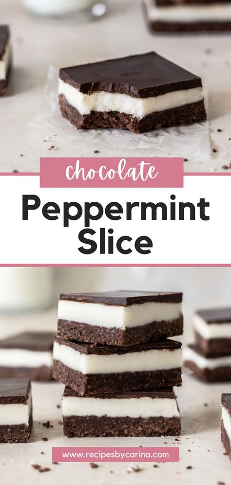 Peppermint Slice with a bite taken out of it, and a stack of them on a neutral background. Creative Baking Recipes, Liquorice Recipes, Peppermint Slice, Slice Recipes, Peppermint Dessert, Powdered Sugar Icing, Slice Recipe, Chocolate Slice, Peppermint Cream