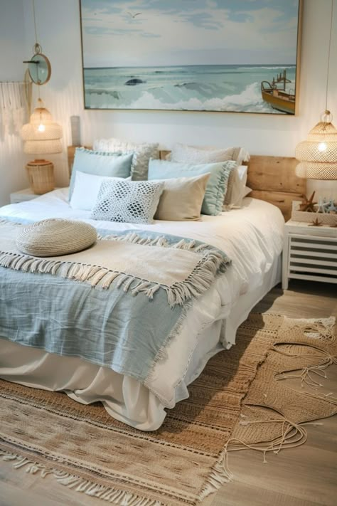 Beachy Bedroom Decor Coastal Style, Small Beachy Bedroom, Beachy Coastal Bedroom, Green Tropical Bedroom, Coastal Chateau, Coastal Grandma Room, Surfer Bedroom Aesthetic, Blue And White Bedroom Aesthetic, Beachy Teen Bedroom