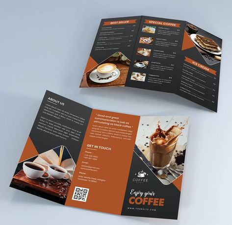 Drink Brochure Design, Brochure Coffee Design, Coffee Brochure Design Ideas, Trifold Brochure Design Layout Creative, Coffee Shop Brochure, Cafe Brochure, Coffee Brochure, Product Brochure Design, Menu Booklet