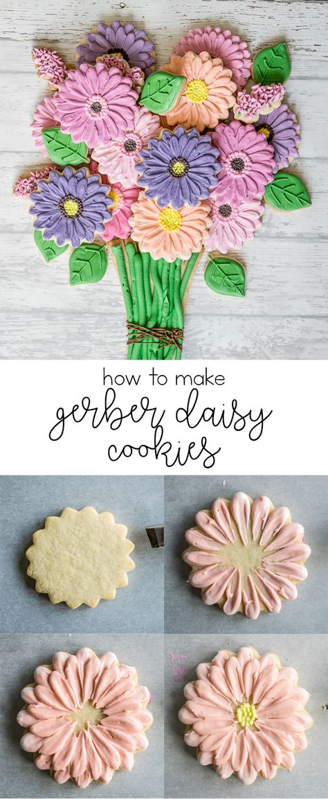 Gerber Daisy Cookies (my mother's fav flower!!) Mini Flower Cookies Decorated, Flower Cookies With Royal Icing, Cookie Flower Bouquet Royal Icing, Floral Cookie Bouquet, Royal Icing Flower Cookies Tutorial, Mothers Day Cookie Bouquet, Pastel Flower Cookies, Mother’s Day Sugar Cookies Royal Icing, Flower Cookies Decorated Royal Icing