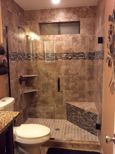 3x5 Walk In Shower With Bench, Shower Corner Shelf Ideas, Tiny Bathroom Shower Ideas, Brown Shower Tile Bathroom, Shower With Corner Seat, Brown Tile Shower, Shower Architecture, Rustic Bathroom Shower, Rustic Bathroom Remodel