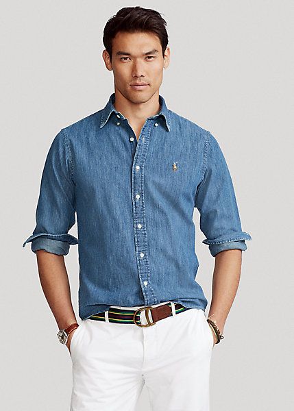 Denim Outfit Men, Fitted Denim Shirt, Plaid Suit Jacket, Ralph Lauren Slim Fit, Denim Shirt Men, Mens Fashion Casual Outfits, Ralph Lauren Jeans, Men Fashion Casual Outfits, Young Fashion